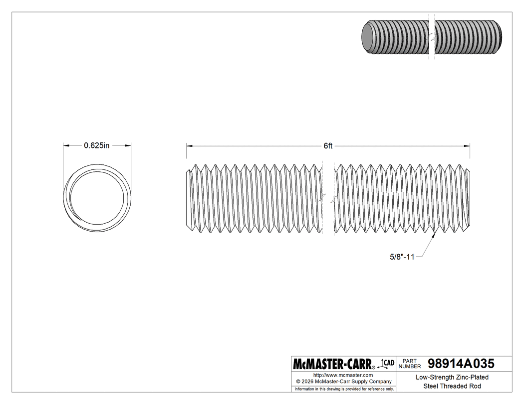 Technical Drawing of Low-Strength Zinc-Plated Steel Threaded Rod, 5/8"-11 Thread Size, 6 Feet Long.